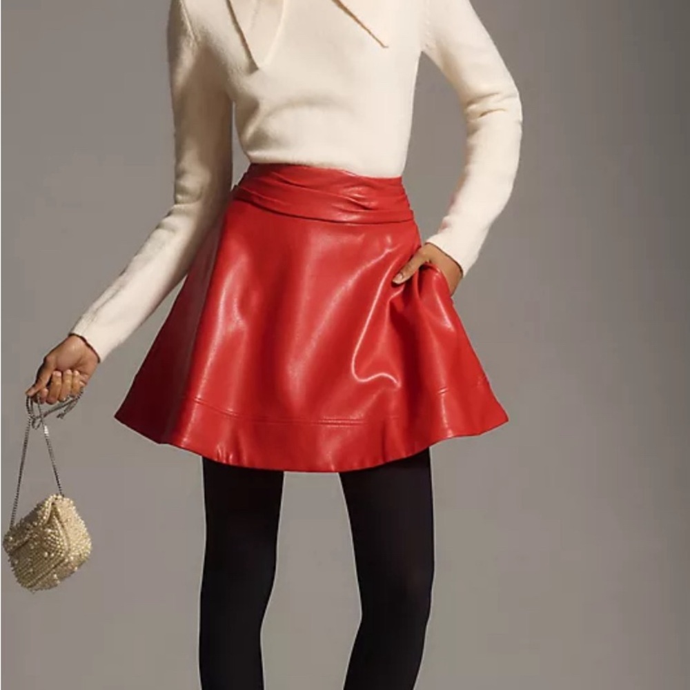 Anthropologie Maeve Red Leather Circle Skirt